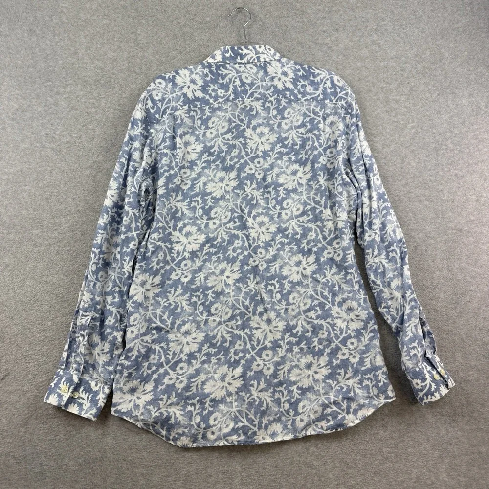 Banana Republic Men's Large Blue Floral Linen Fitted Long Sleeve Button-Up Shirt